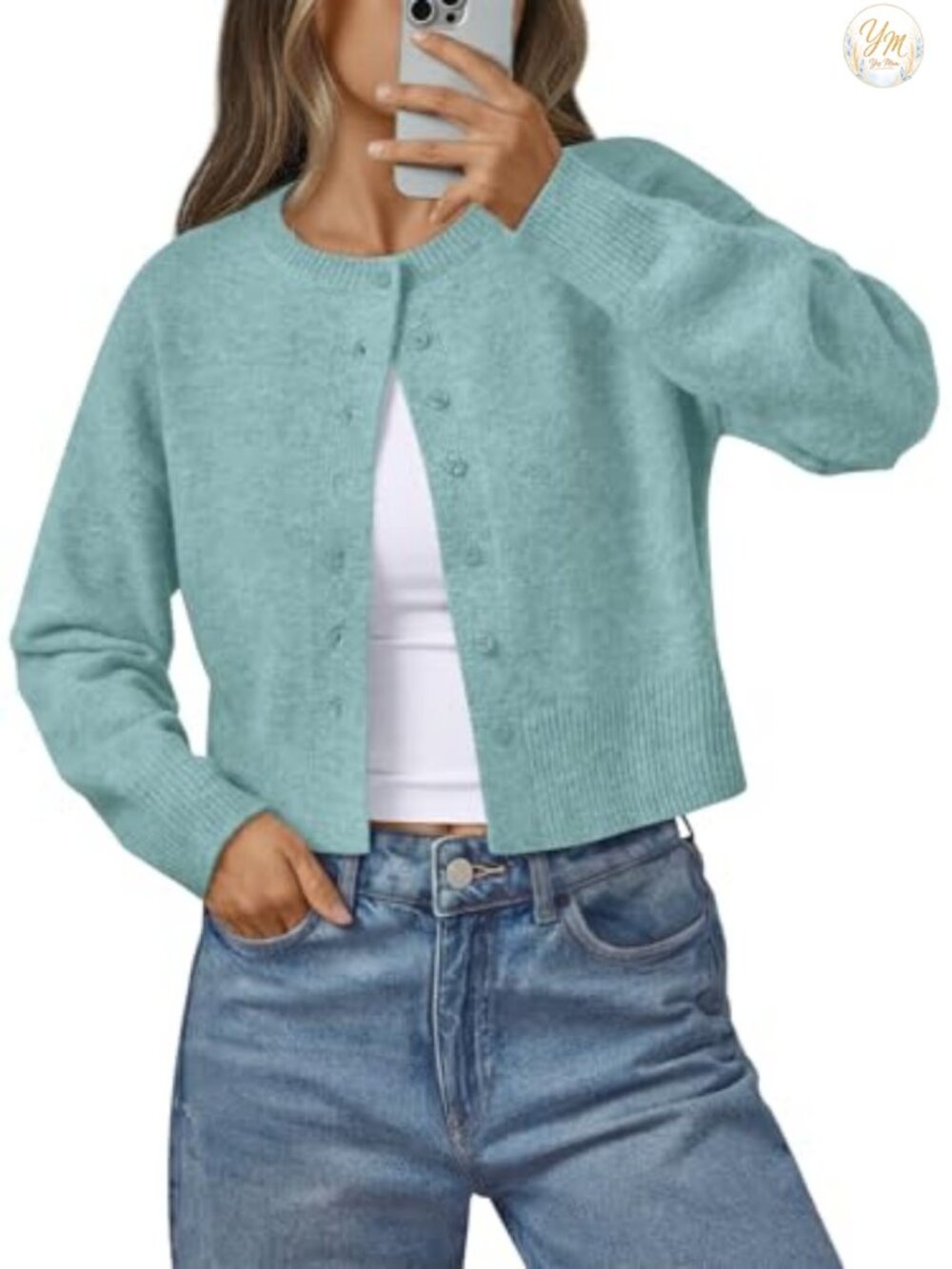 Lightweight Cropped Knit Cardigan Button Front Waist Length Sweater